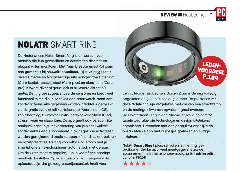 NOLATR Smart Ring was tested by PC-Active and received a 4 out of 5 star rating ⭐⭐⭐⭐☆